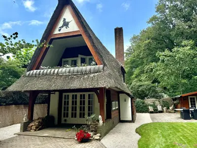 a small house with a thatched roof at Natuurhuis in het Gooi in Naarden