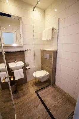 a bathroom with a toilet and a sink and a mirror at Hotel The Bird in Amsterdam
