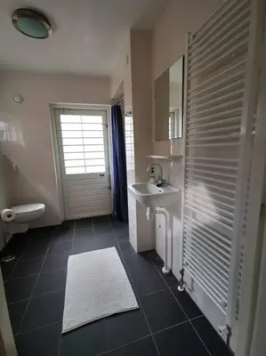 a bathroom with a sink and a toilet and a mirror at Centre Hilversum, 20 minutes train to Amsterdam in Hilversum