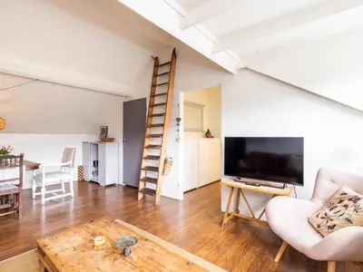 a living room with a ladder and a couch and a table at De egelhut in Bergen