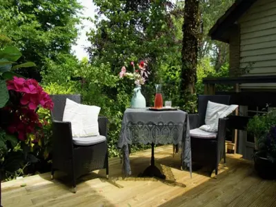 a table with chairs and a vase on a patio at De egelhut in Bergen