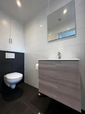a bathroom with a toilet and a sink and a mirror at Faya Beachhouse in Noordwijk aan Zee