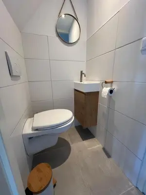 a bathroom with a toilet and a sink and a mirror at Naast 37 Overnachten in Driebergen