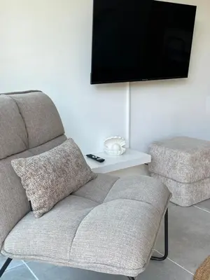 a living room with a couch and a tv at Naast 37 Overnachten in Driebergen
