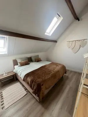 a bedroom with a large bed in a attic at Naast 37 Overnachten in Driebergen
