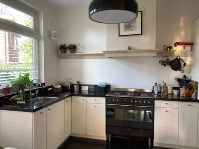 a kitchen with a sink and a stove top oven at Villa Bollenstreek in Hillegom