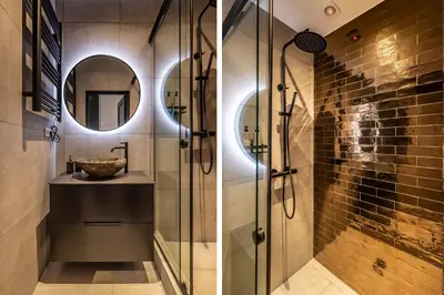 two images of a bathroom with a shower and a sink at Luxury Watervilla Near Amsterdam And Schiphol in Aalsmeer