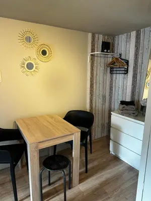 a dining room with a table and some chairs at Garden house, Free parking in Zandvoort
