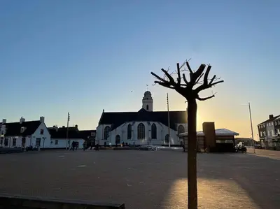 a tree in a parking lot in front of a building at Schitterend appartement, 150 m van het strand in Katwijk aan Zee