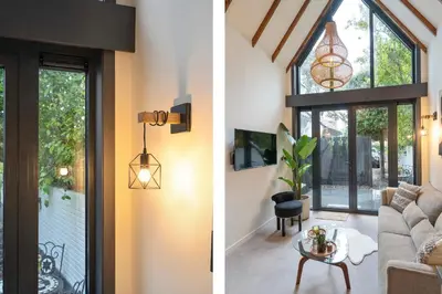 two views of a living room and a dining room with glass doors at The Green Pine Tree in Zandvoort