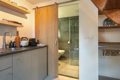 a kitchen with a sink and a glass shower door at The Green Pine Tree in Zandvoort