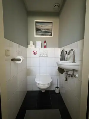 a small bathroom with a toilet and a sink at Peaceful room on a houseboat in the city centre in Amsterdam