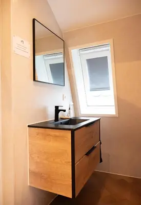 a bathroom with a sink and a mirror at PURMERENT Apartments in Purmerend