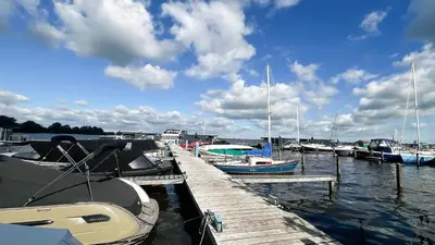 a bunch of boats are docked at a dock at Prachtzicht by Droomvilla in Uitgeest