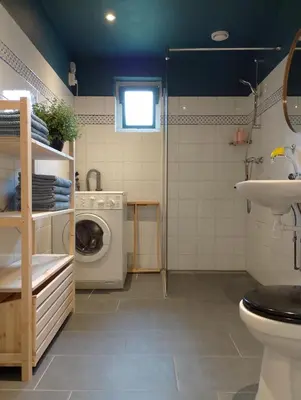a bathroom with a washing machine and a sink at Bedstee in de polder in Egmond aan den Hoef