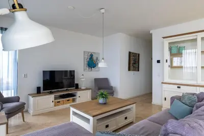 a living room with a couch and a tv at Zilverlicht by Droomvilla in Egmond aan Zee