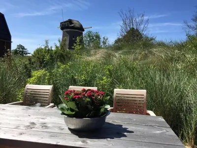 a table with two chairs and a pot of flowers on it at Villa Happy Days in Egmond aan Zee