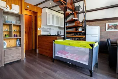 a room with a kitchen with a ladder in it at Spacious Nature Escape, house for 6 near Amsterdam & Sea in Opmeer
