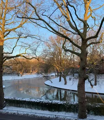 a snow covered park with a pond and trees at City Apartment With Canalview at Canalhouse-Majestic in Utrecht