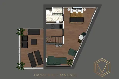 a floor plan of a small house with furniture at Cosy Penthouse with Rooftop Canalhouse-Majestic in Utrecht