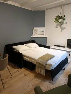 a bedroom with a large bed in a room at Cottage at Sea in Noordwijk aan Zee