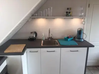 a kitchen with a sink and a counter top at Rozenobel apartment in Zandvoort