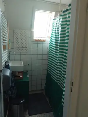 a bathroom with a shower and a sink and a window at Kraaipan B&B in Amsterdam