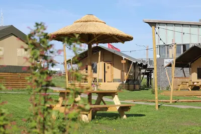 a picnic table with an umbrella and a house at Safari Lodges Premium in Nieuwe Wetering