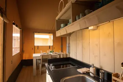 a kitchen with a sink and a counter top at Safari Lodges Premium in Nieuwe Wetering