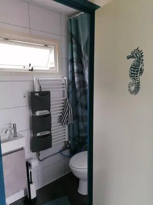 a bathroom with a seahorse shower curtain and a toilet at Tinyhouse CARPE DIEM in Dirkshorn