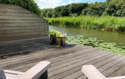 two potted plants sitting on a wooden dock next to a river at Pet Friendly Home In Opperdoes in Opperdoes