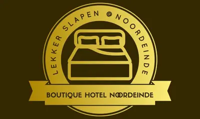a logo for a hotel with a bed and a ribbon at Boutique Hotel Noordeinde in Rijnsburg