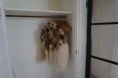 a closet with a bunch of fur on a door at Zen Beach Apartment in Noordwijk aan Zee