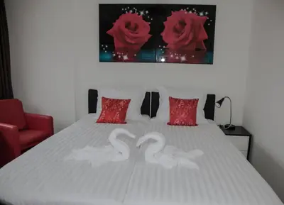 two swans made to look like birds sitting on a bed at Amsterdam Soul Inn in Amsterdam