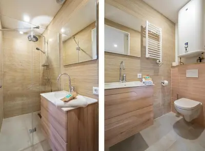 two pictures of a bathroom with a sink and a toilet at Skua Escape in Zandvoort