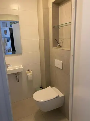 a small bathroom with a toilet and a sink at Appartement Atlantis met Zeezicht in Egmond aan Zee