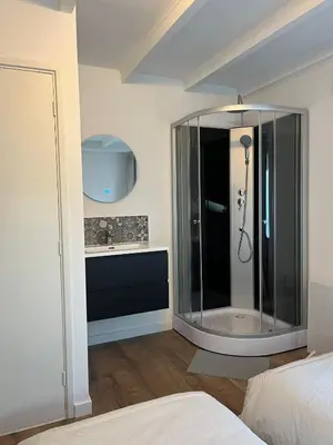 a bathroom with a glass shower with a sink at Parkzicht Zwanenburg in Zwanenburg