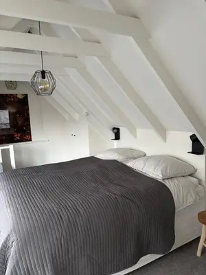 a bedroom with a large bed in a attic at Parkzicht Zwanenburg in Zwanenburg