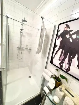 a bathroom with a shower and a painting on the wall at Luxury City Center apartment with Canal view 1 kingsize bed and 1 sleeping sofa in Amsterdam