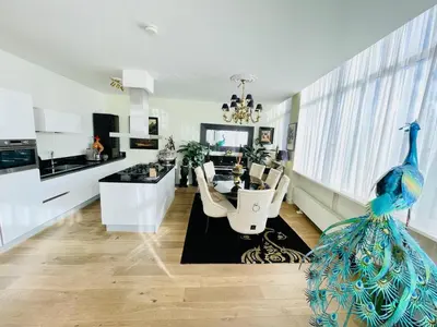 a large kitchen with a peacock sculpture in a living room at Luxury City Center apartment with Canal view 1 kingsize bed and 1 sleeping sofa in Amsterdam