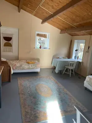 a living room with a rug and a bed and a table at heerlijk buitenhuis op 20 minuten van Amsterdam in Nieuwersluis