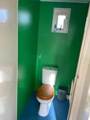 a green bathroom with a toilet with a wooden seat at heerlijk buitenhuis op 20 minuten van Amsterdam in Nieuwersluis
