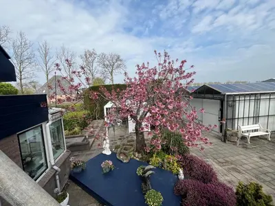 an aerial view of a garden with a tree with pink flowers at B&B Dol - Fijn in Benningbroek