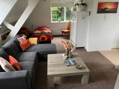 a living room with a couch and a table at B&B Dol - Fijn in Benningbroek