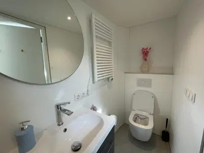 a bathroom with a sink and a toilet and a mirror at Forecastle KL in Amsterdam