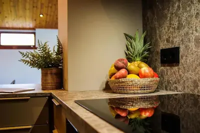 a basket of fruit on a counter in a kitchen at Dune Lagoon in Egmond aan den Hoef