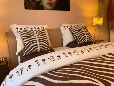 a bed with two pillows on top of it at Vakantiehuis De Zeeparel in Zandvoort