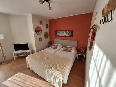 a bedroom with a large bed and a television at Prins Appartementen in Egmond aan Zee