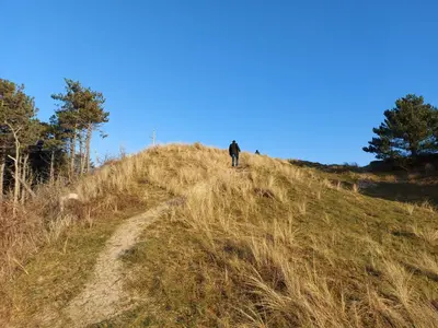 a man walking up a hill on a grassy hill at Prins Appartementen in Egmond aan Zee
