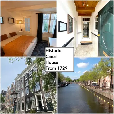 a collage of pictures of a hotel and a canal house at JoyJoyJoy the Red Sun ecolicious studio in the historic Canalhouse Tropics at the Canals from 1729 in Amsterdam